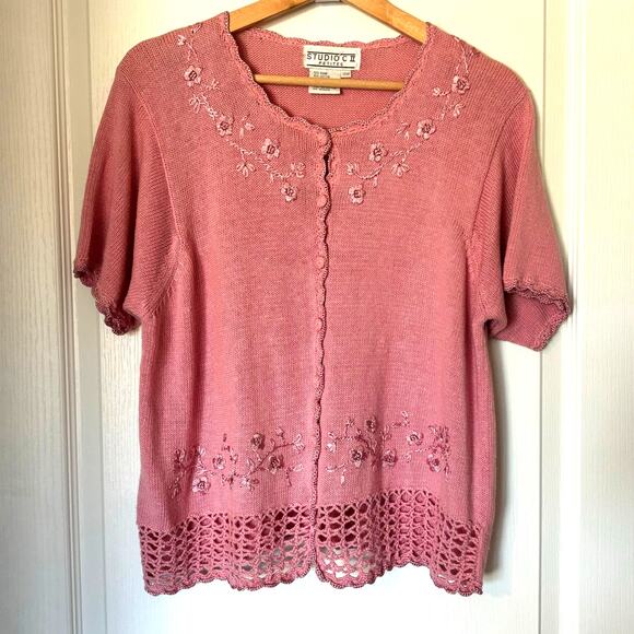Vintage Studio II Petites Wms 14P Short Sleeve Pink Sweater Embroidered Flowers - Picture 9 of 9